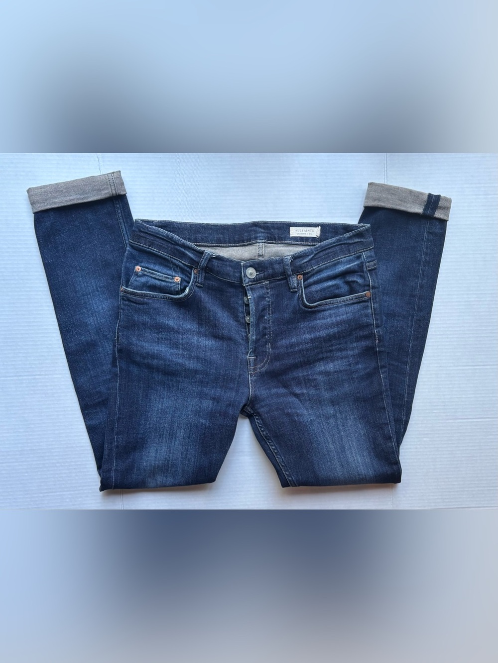Allsaints dark wash blue indigo denim straight leg skinny cigarette jeans pants